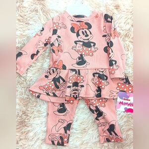NWT,Disney, pink Minnie Mouse,2pc,Ruffle,Peplum, Long Sleeve Top& Pants-3/6 Mth